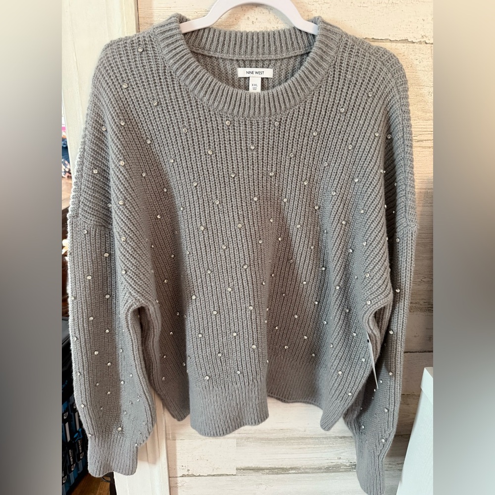 Nine West Gray Sweater with Rhinestone Details